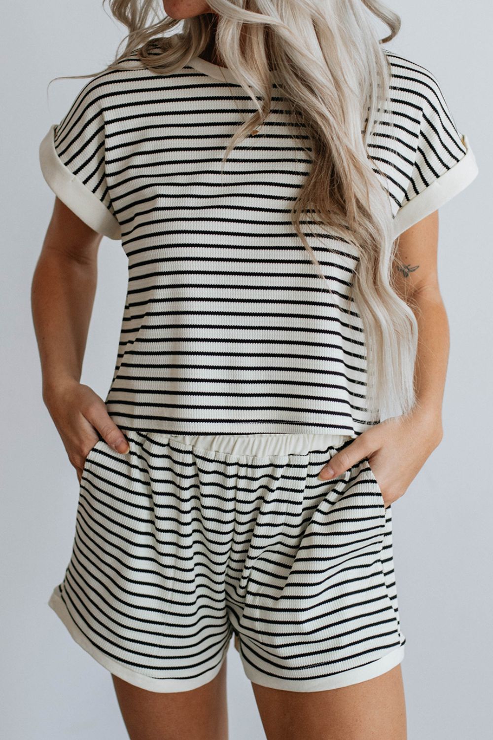 Striped Contrast Top and Shorts Set