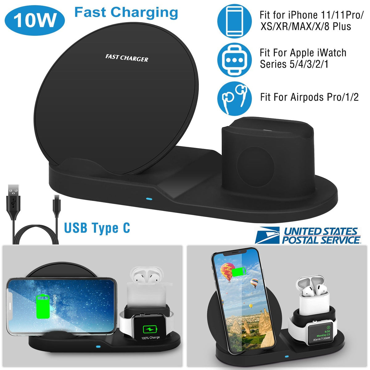 Wireless Charger 10W Fast Charging Station For iPhone Apple iWatch Series 5/4/3/2/1 AirPods Fit For iPhone 11/11Pro/XS/XR/MAX/X/8 Plus/8 Samsung Galax