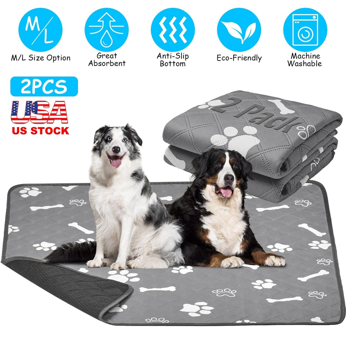 2Pcs Washable Pet Pee Pads For Puppy Kittens Dogs Cats Reusable Potty Mats Machine Washable Pet Training Pads Non-Slip Waterproof Absorbent Dog Crate