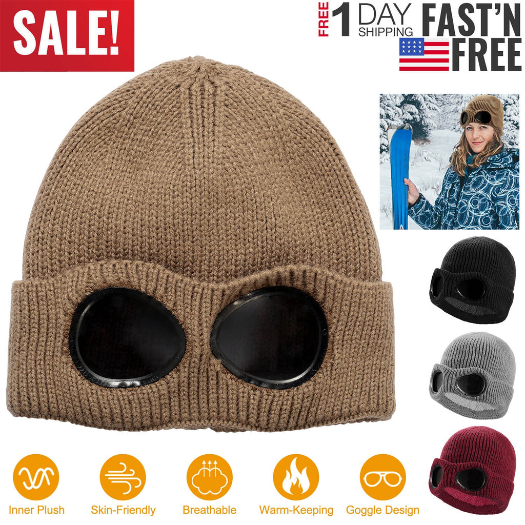 Unisex Knit Beanie Hat with Goggle Chunky Winter Warm Hat Skull Cap 4 Colors
