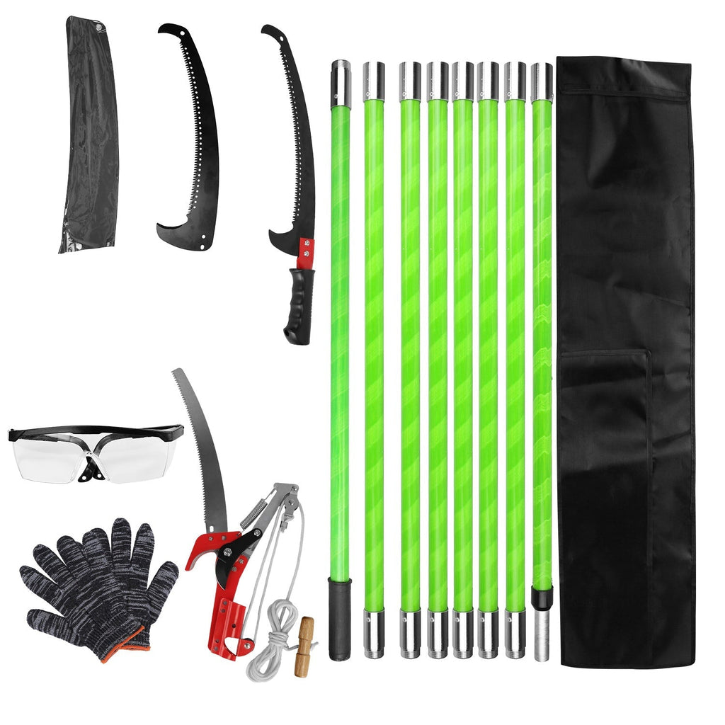 2 In 1 Extra Long Manual Pole Saw 8.23-28.25FT Extendable Tree Pruner for High Branches with Pruner Scissors 2 Double-hooked Saw Blades Goggles Gloves