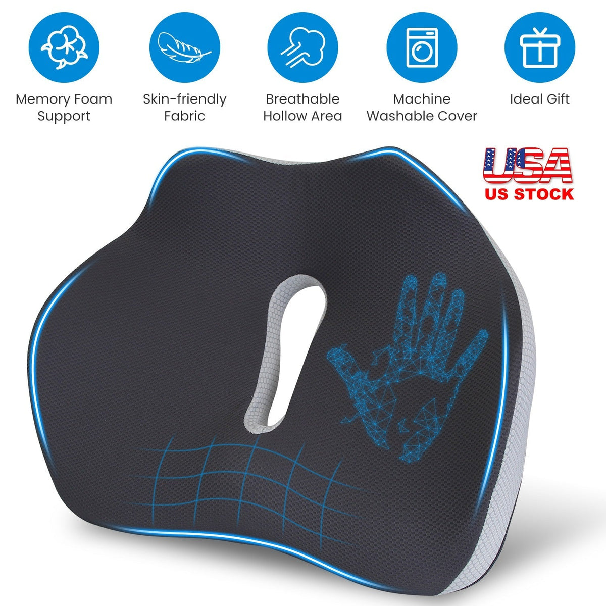 Memory Foam Seat Cushion Sciatica Pain Relief Cushion Pillow Seat Cushion with Machine Washable Cover for Home Office Car Wheelchair Airplane