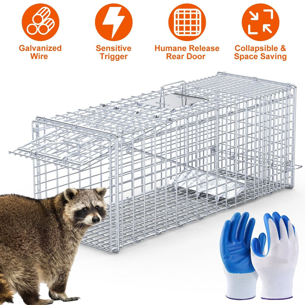 Live Animal Trap Cage 37x14x15in Folding Catch and Release Humane Cat Trap Galvanized Iron for Raccoons Foxes Coyotes Stray Dogs Armadillos Squirrels