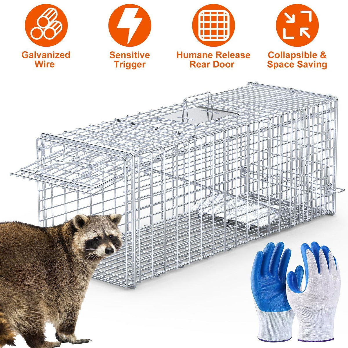 Live Animal Trap Cage 37x14x15in Folding Catch and Release Humane Cat Trap Galvanized Iron for Raccoons Foxes Coyotes Stray Dogs Armadillos Squirrels