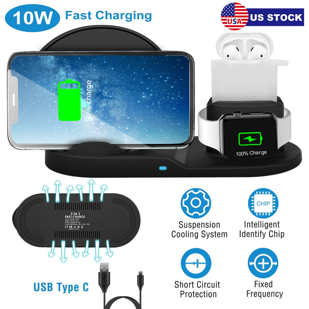Wireless Charger 10W Fast Charging Station For iPhone Apple iWatch Series 5/4/3/2/1 AirPods Fit For iPhone 11/11Pro/XS/XR/MAX/X/8 Plus/8 Samsung Galax