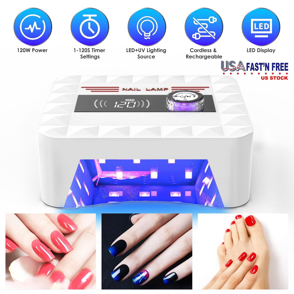 120W Cordless UV Nail Lamp Rechargeable Gel Curing Lamp Gel Polish Light Nail Dryer with LED Display 1-120S Timer Settings 30 LED Beads for Salon and