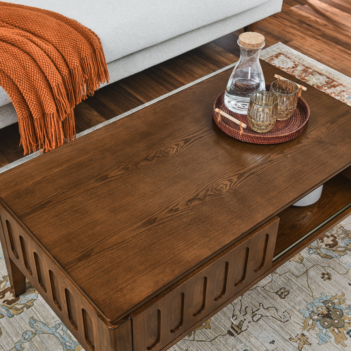 Medieval modern flute coffee table with storage sliding door and solid wood legs, vintage farmhouse wood central table