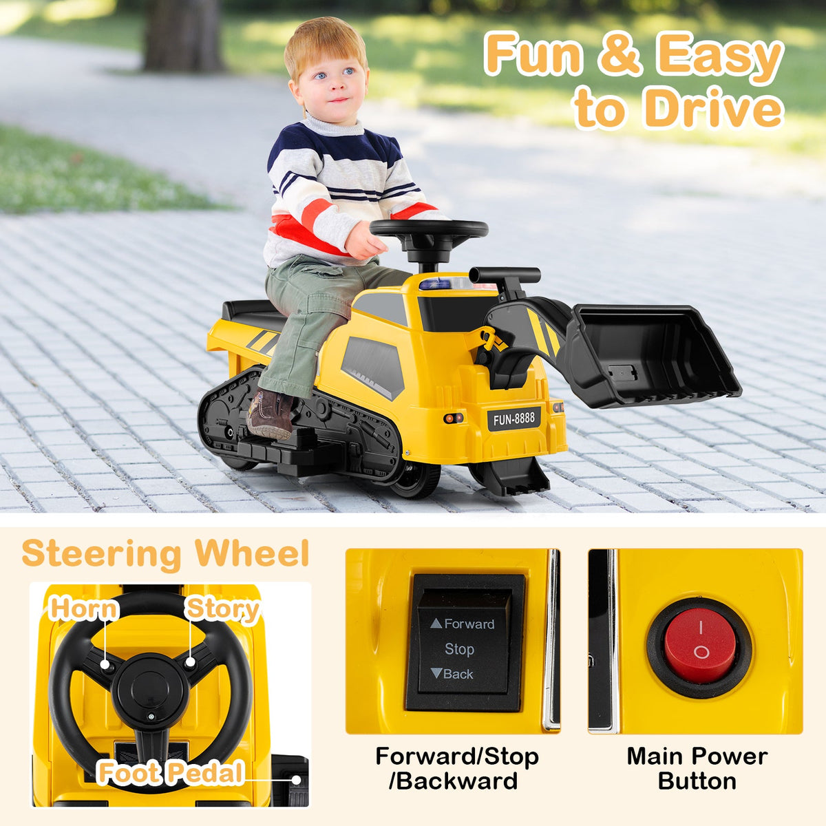 6V Ride on Tractor 3-in-1 Electric Excavator with Adjustable Arms and Music-Yellow