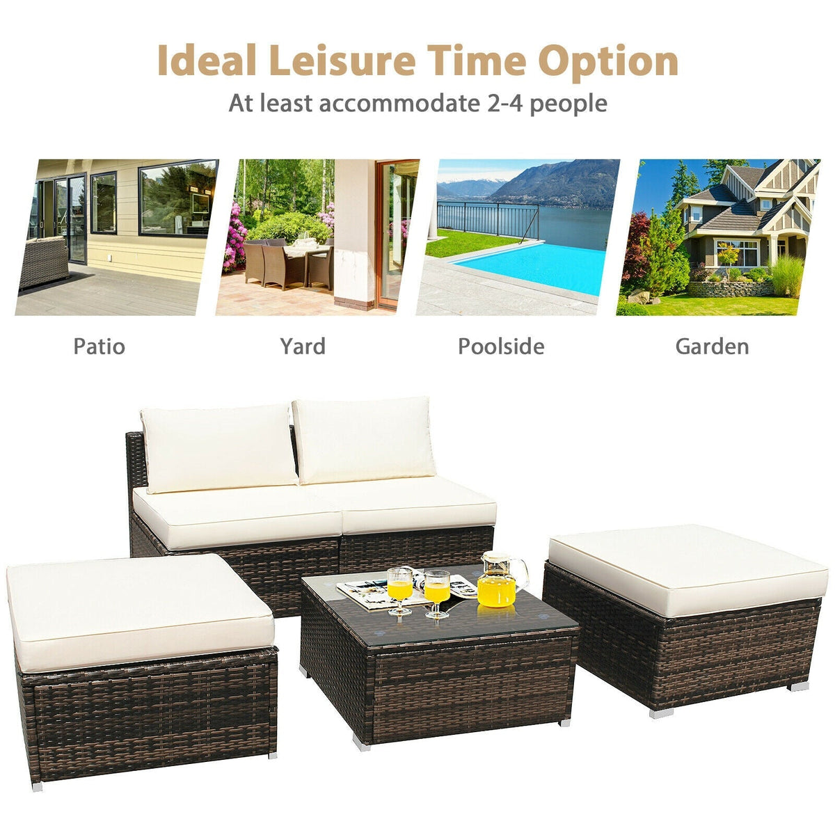 5 Pieces Patio Rattan Furniture Set with Cushioned Armless Sofa
