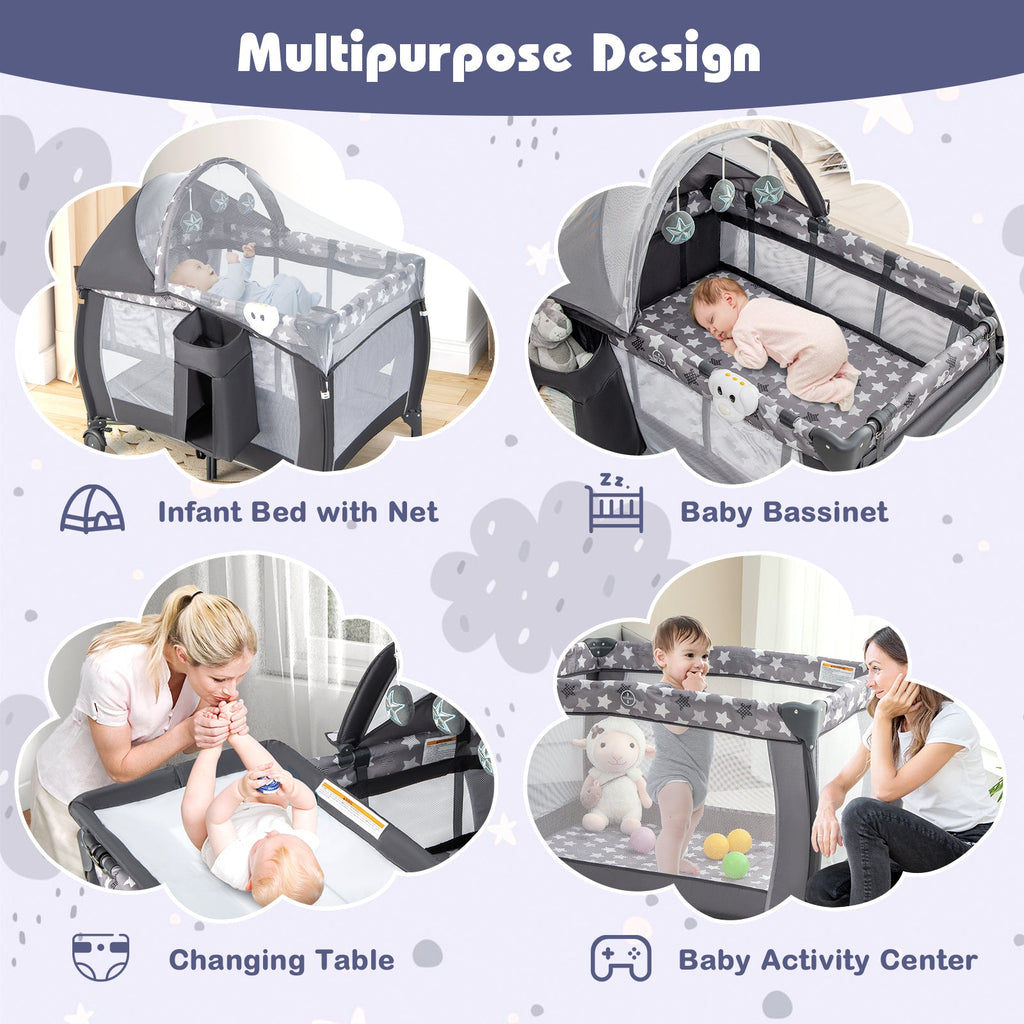 Portable Baby Nursery Center 4-in-1 Portable Travel Crib-Gray