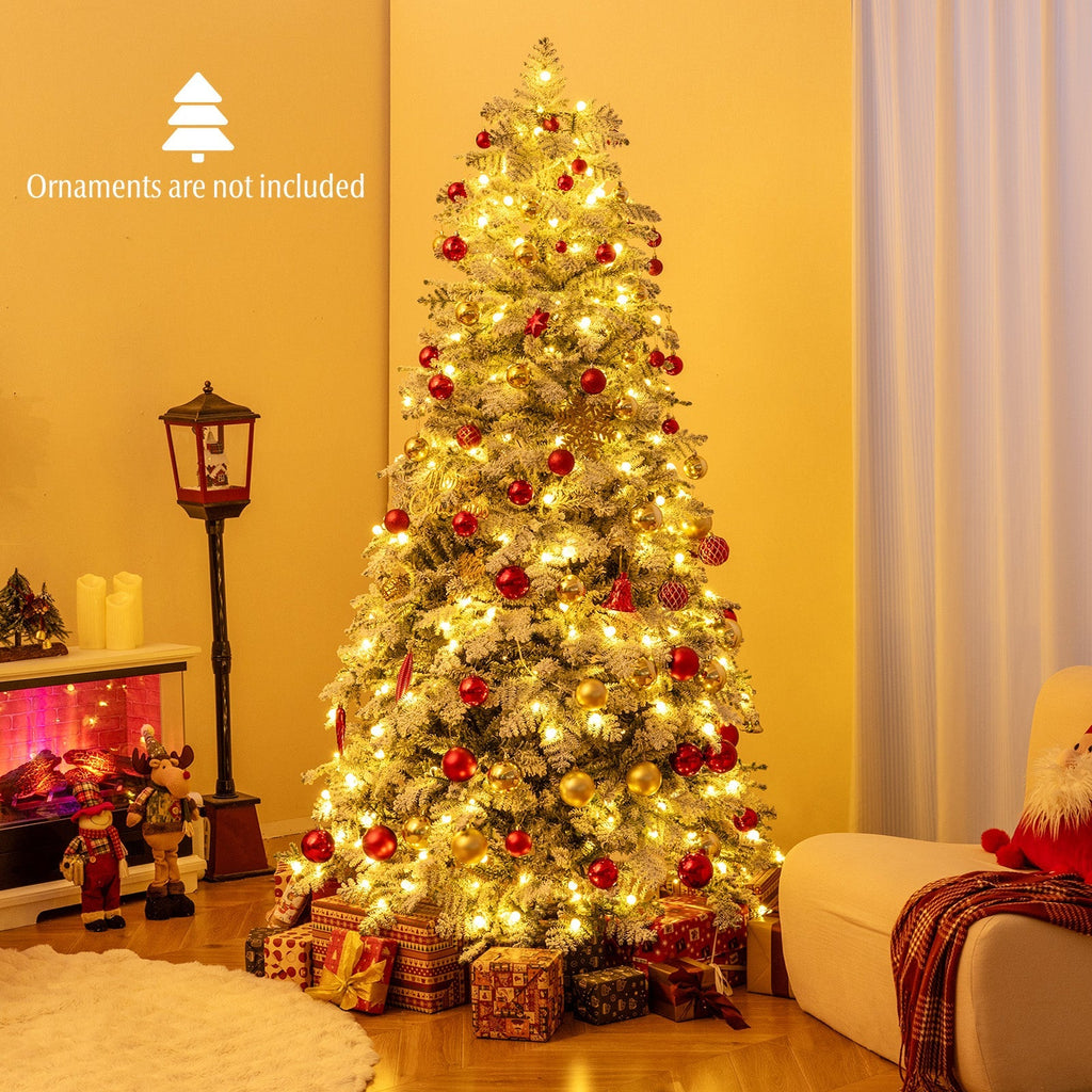 6/7 Feet Artificial Snow-flocked Christmas Tree Pre-lit Hinged Xmas Tree with 130 Twinkle Balls