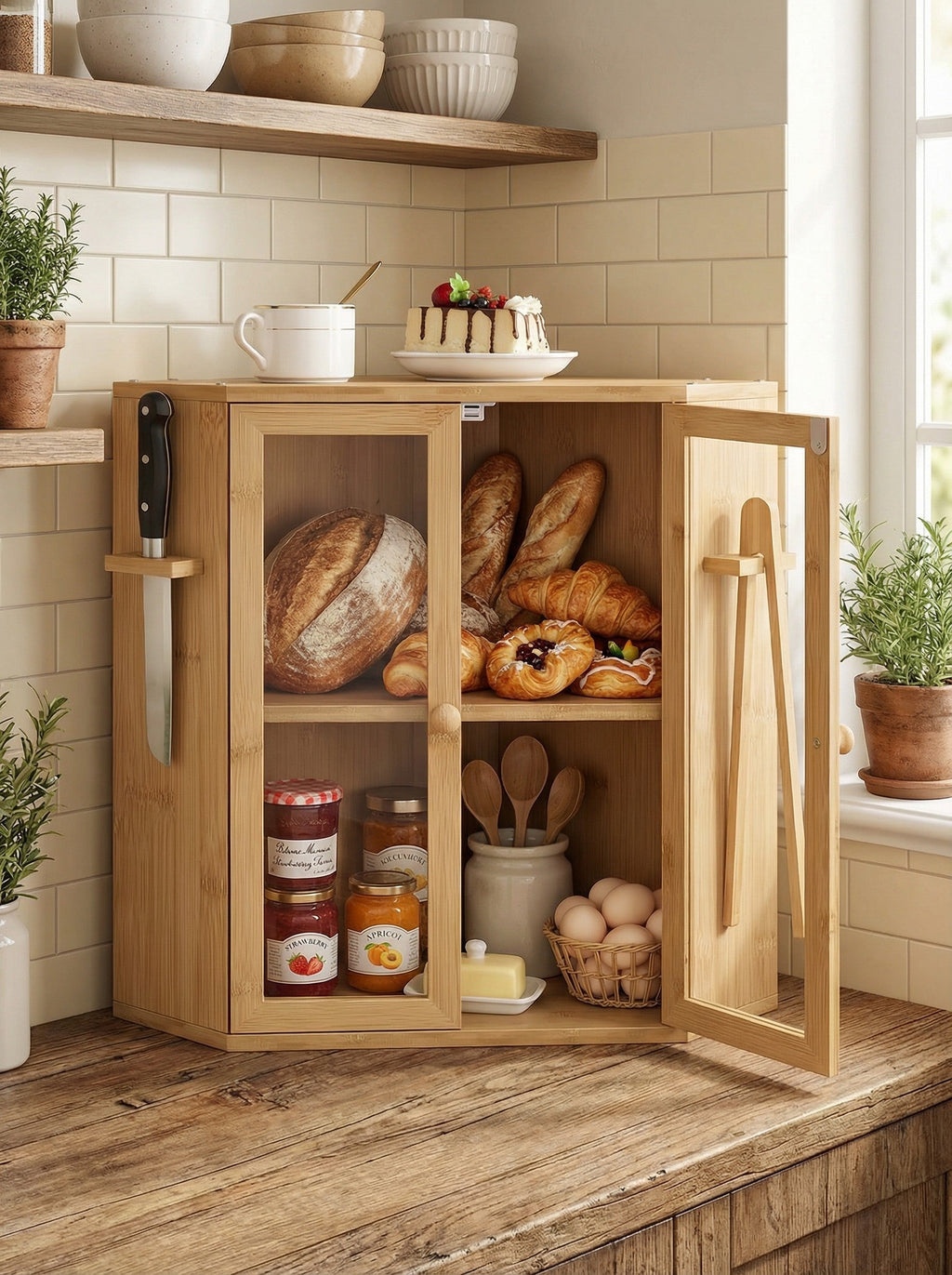 Bamboo Bread Box with Clear Doors – 2-Tier Kitchen Countertop Organizer