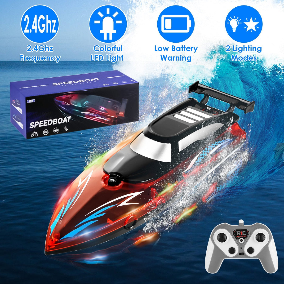 RC Boat With Colorful LED Light 10KM/H 40Mins 2.4Ghz Remote Control Racing Boat Toys With 2 Batteries Low Battery Alarm Overreach Warning For Pools La
