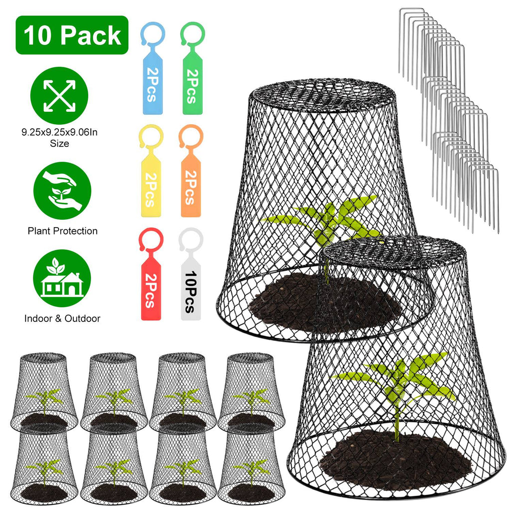 10Pack 9.25x9.25in Chicken Wire Cloches Plant Covers Metal Garden Cages Heavy Duty Plant Protectors with 30 Stakes 20 Labels Keep Bunnies Chicken Squi