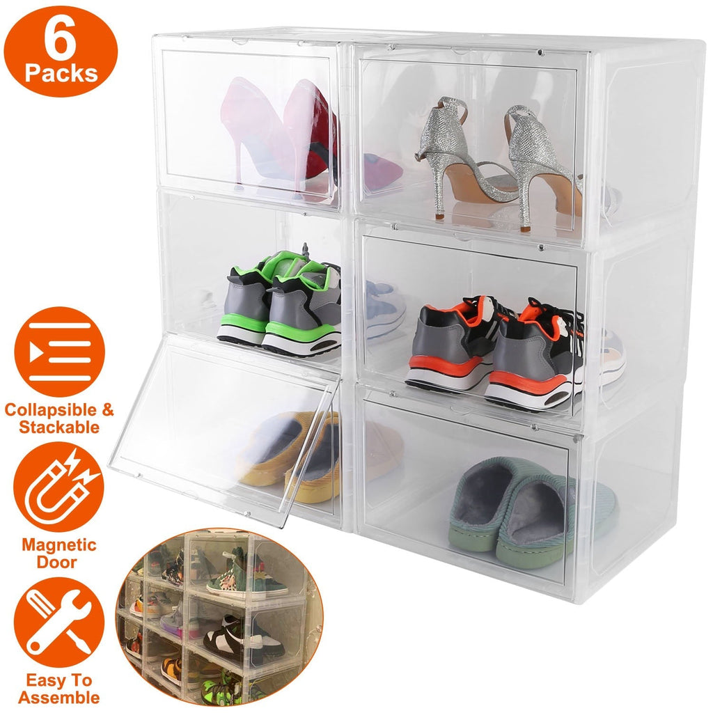 6Packs Collapsible Shoe Box Stackable Shoe Storage Bin Transparent Dustproof Hard PP Shoe Organizer Container with Magnetic Door