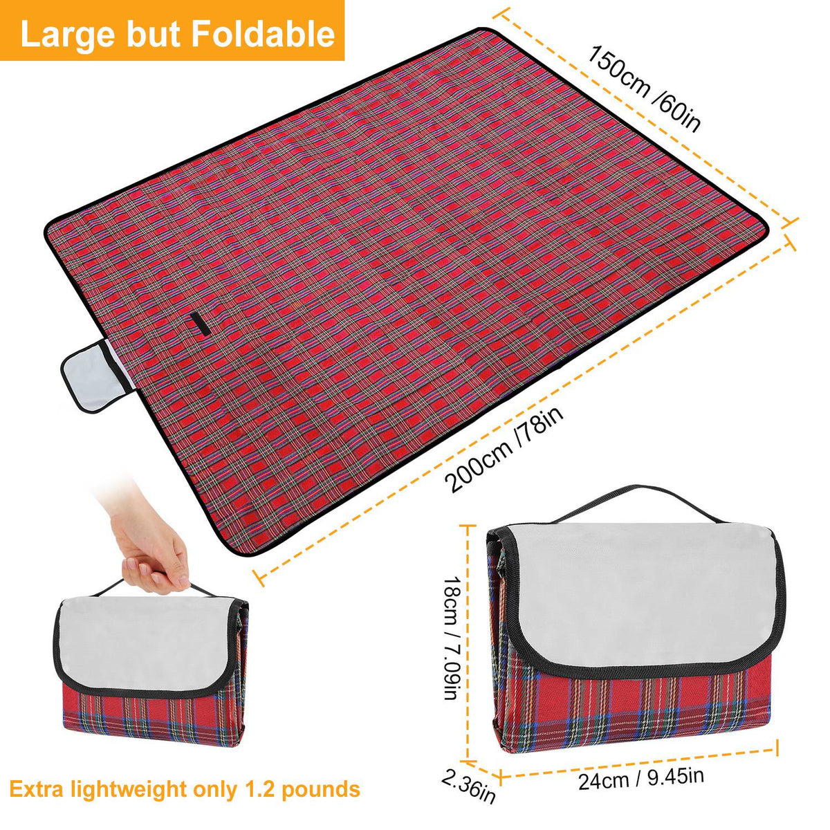 60" x 78" Waterproof Picnic Blanket Handy Mat with Strap Foldable Camping Rug for Camping Hiking Grass Travelling