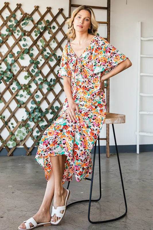 Lime 'N' Chili Floral Print Sweetheart Neck Tie Front Midi Dress