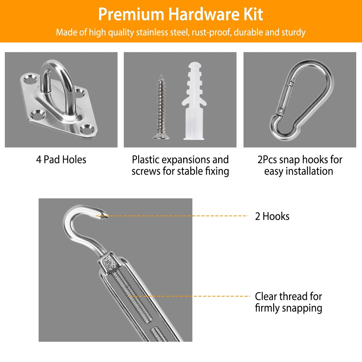 Sun Shade Sail Hardware Kit Stainless Steel Canopy Installation Kit Fixing Accessory for Rectangular Square Shade Sail Installation