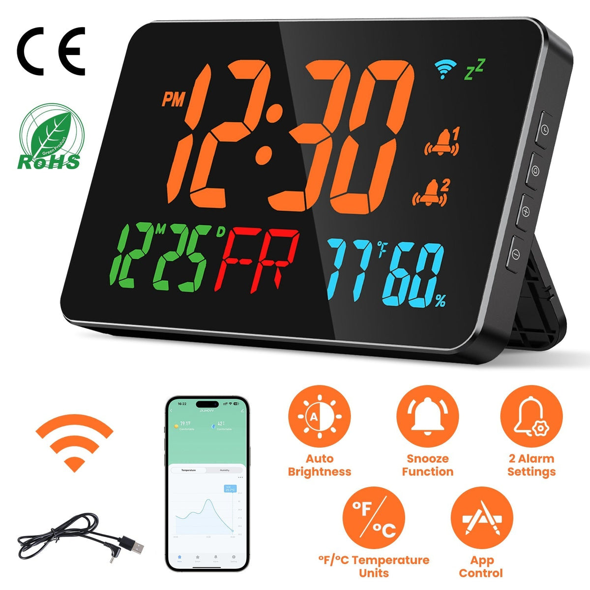 WiFi Auto Set Alarm Clock LED Digital Clock With 2 Alarm Setting Snooze 4 Brightness Levels Auto Light Sensing Temperature Humidify Monitor App Contro