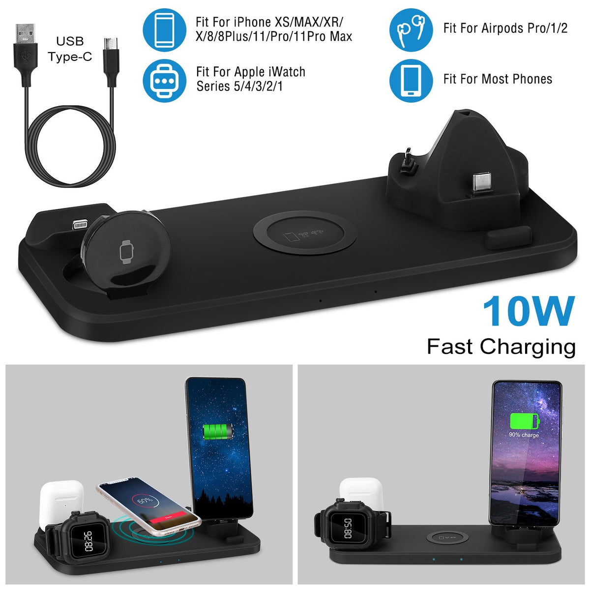 6 In 1 Qi Wireless Charger 10W Fast Charging Station Fit For iWatch 5/4/3/2/1 Airpods Pro/1/2 IOS phone Xs/MAX/XR/X/8/8Plus/11/Pro/11Pro max Galaxy No