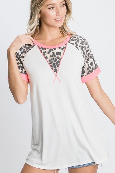 HeimishFull Size Leopard Round Neck Short Sleeve T-Shirt with Stitch Plus Size
