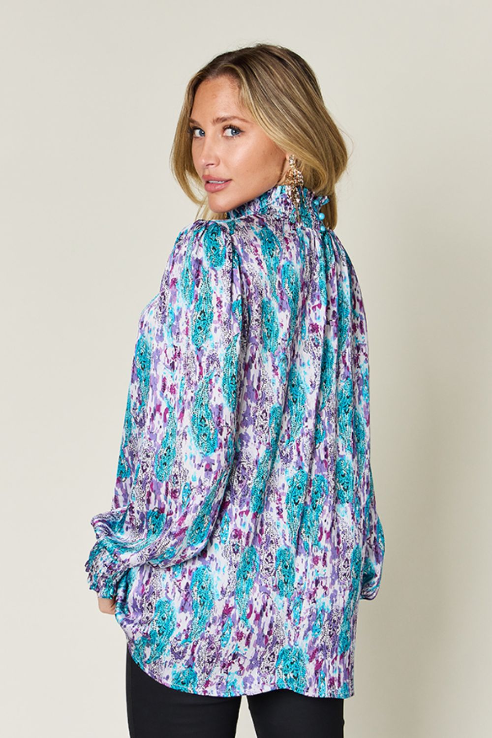 Semi-Sheer Smocked Top with Long Sleeves & Frills