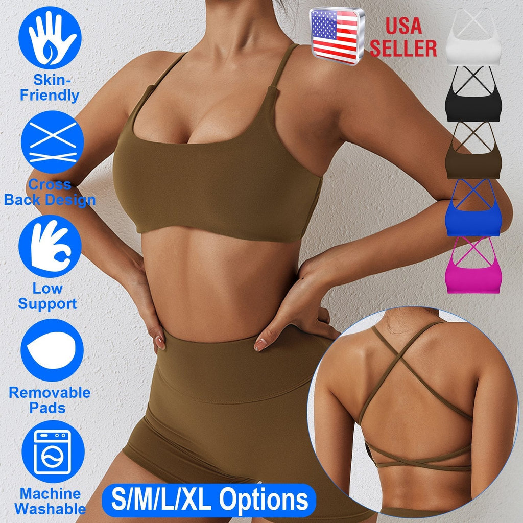 Women Cross Back Sport Bras Padded StrappyÊCrop Open Back Low Impact Bras SexyÊFitnessÊTank Tops with Removable Pads Thin Straps for Gym Yoga Workout