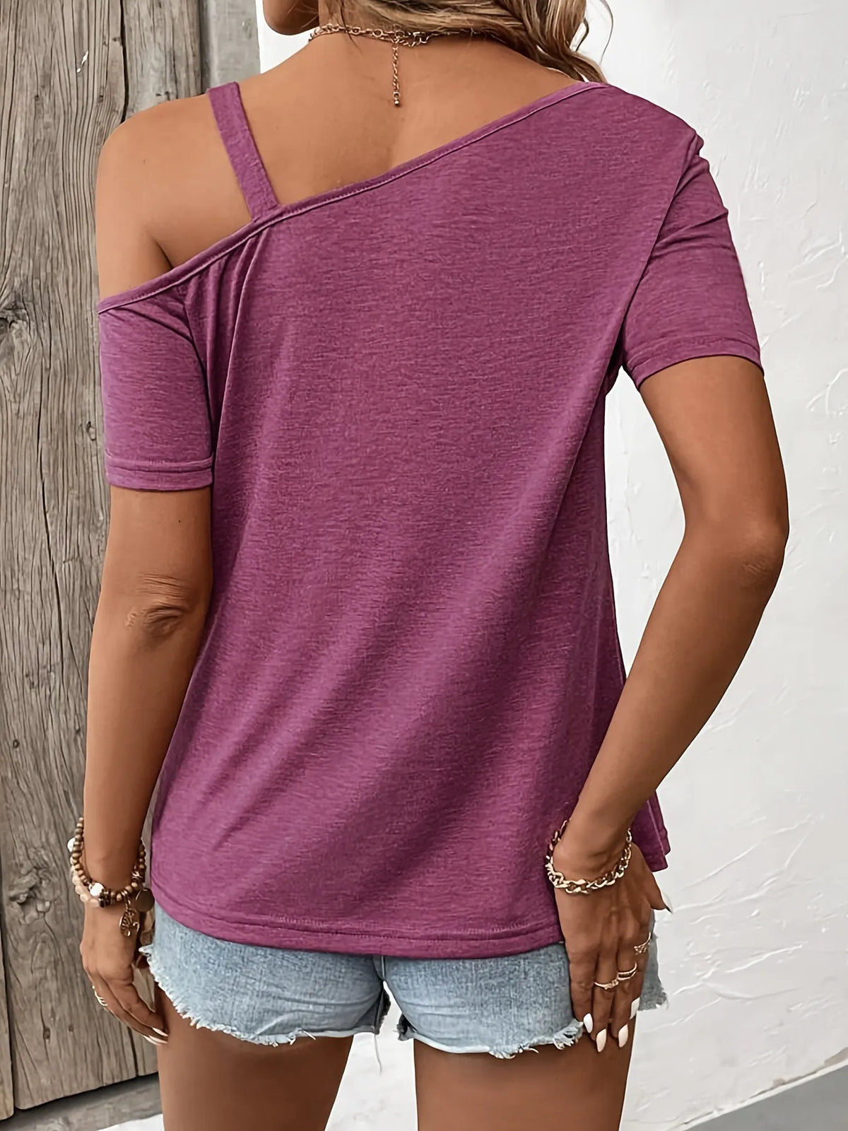 Asymmetric Shoulder T-Shirt with Metal Buckle Detail