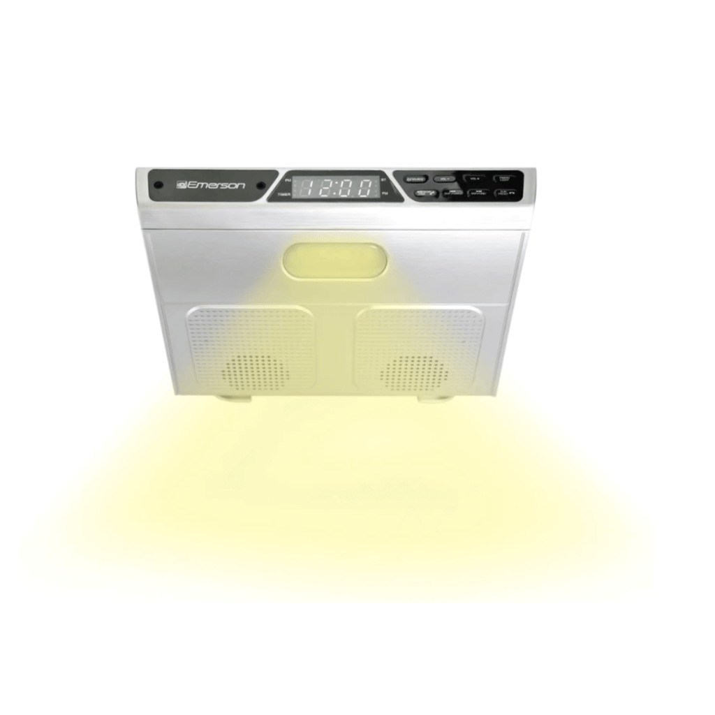 Emerson Under Cabinet FM Radio w Bluetooth, Station Memory and Clock with Timer