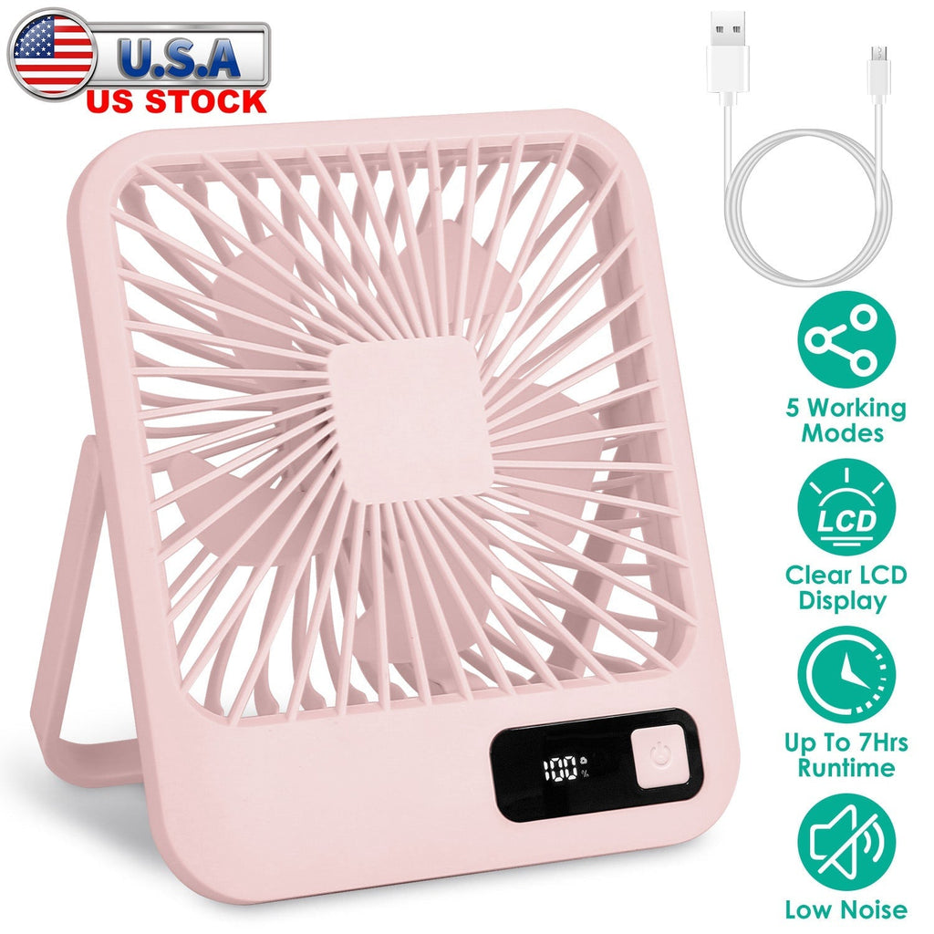 Mini Desktop Cooling Fan Rechargeable Battery Powered Personal Fan Speed Adjustment Strong Airflow Quiet Travel Fan with LCD Display for Home Office T