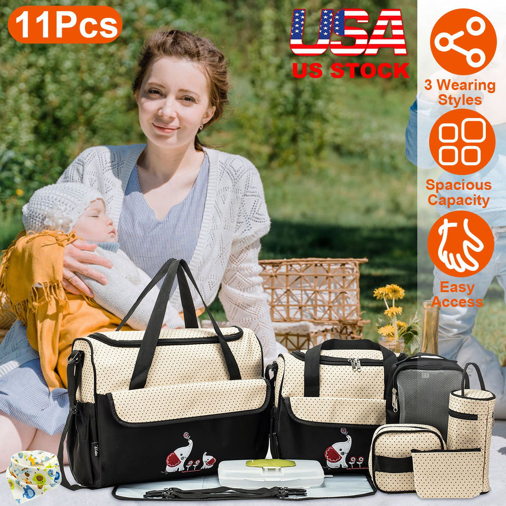 11Pcs Baby Nappy Diaper Bags Set for Mom Dad Mummy Shoulder Bags Multifunctional Diaper Handbags with Food Bag Bottle Bag Diaper Pad Burp Cloth 2 Hook