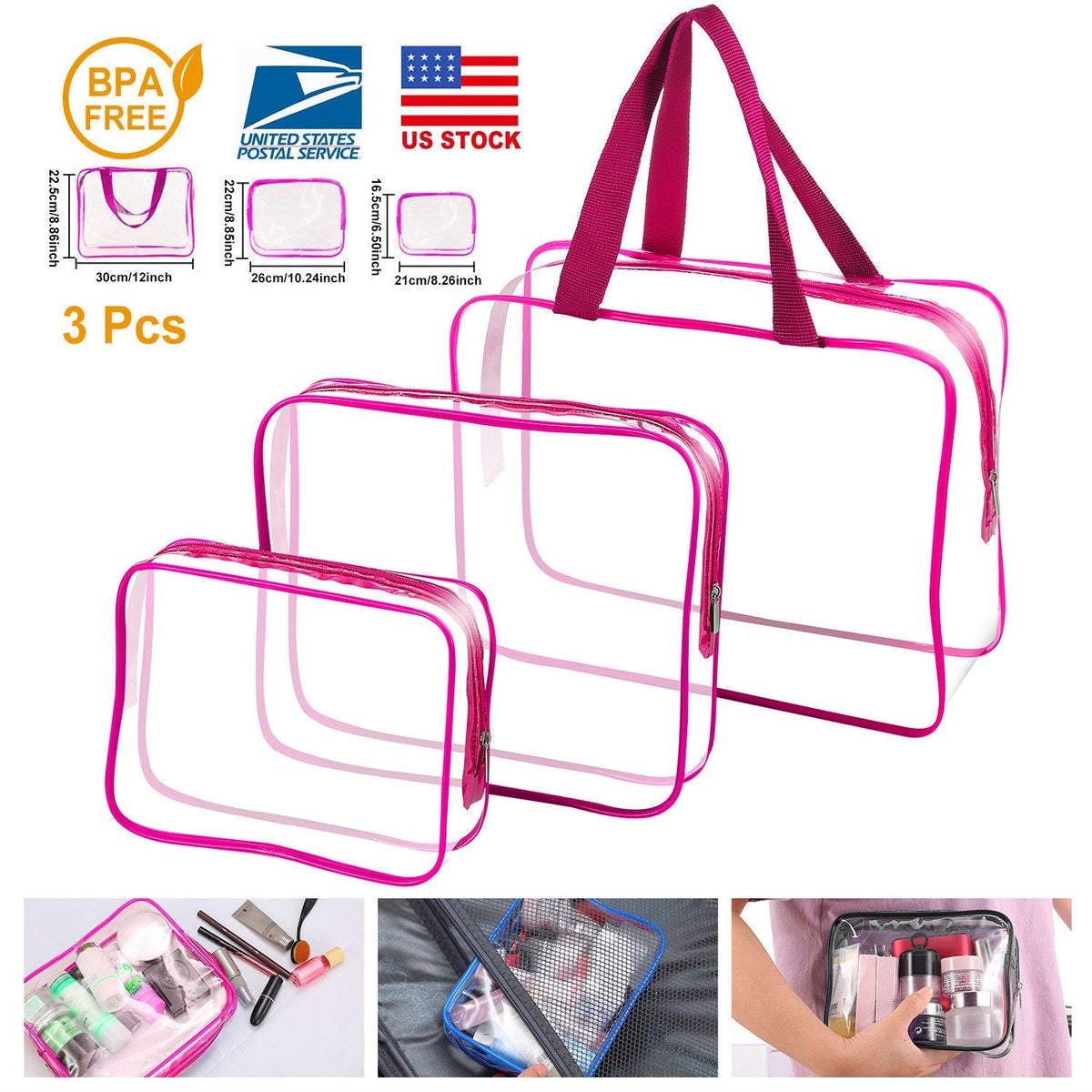 3Pcs Clear Travel Bags Waterproof Cosmetic Makeup Lotion Toiletry Wash Handbags Transparent Holder Pouch Kits For Swimming Travel Hotel