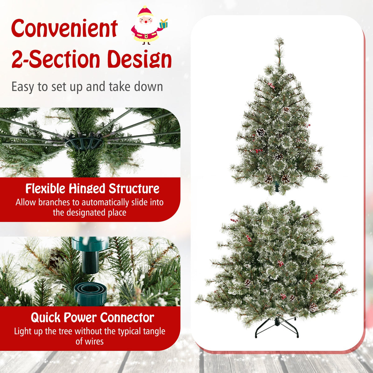6/7.5/9 FT Artificial Christmas Tree Pre-Lit Hinged Holiday Tree with 360° Quick Power Connector