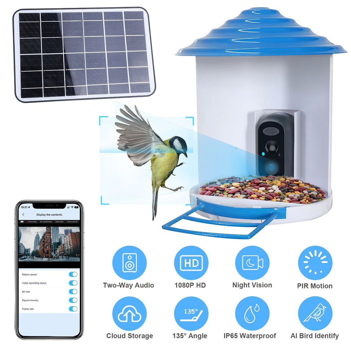 Smart Bird Feeder with Solar Powered Camera 1080P HD AI Identify PIR Motion Auto Capture Video Cloud Card Storage WiFi Connection App Control IP65 Wat