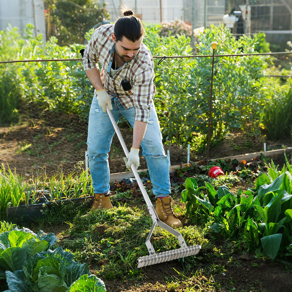 20 Inches Wide Aluminum Lawn Loosening Soil Rake with Long Handle and 19 Curved Tines