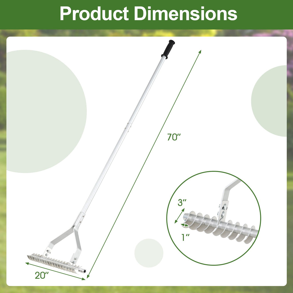20 Inches Wide Aluminum Lawn Loosening Soil Rake with Long Handle and 19 Curved Tines