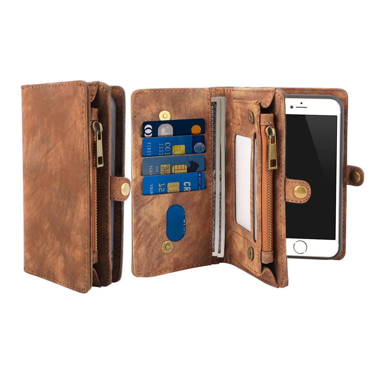 Phone Wallet Case For iPhone 8 Portable Wallet Case 2 in 1 Leather Zipper Magnetic Detachable 13 Card Slots Money Pocket Clutch Cover W/ID Widows