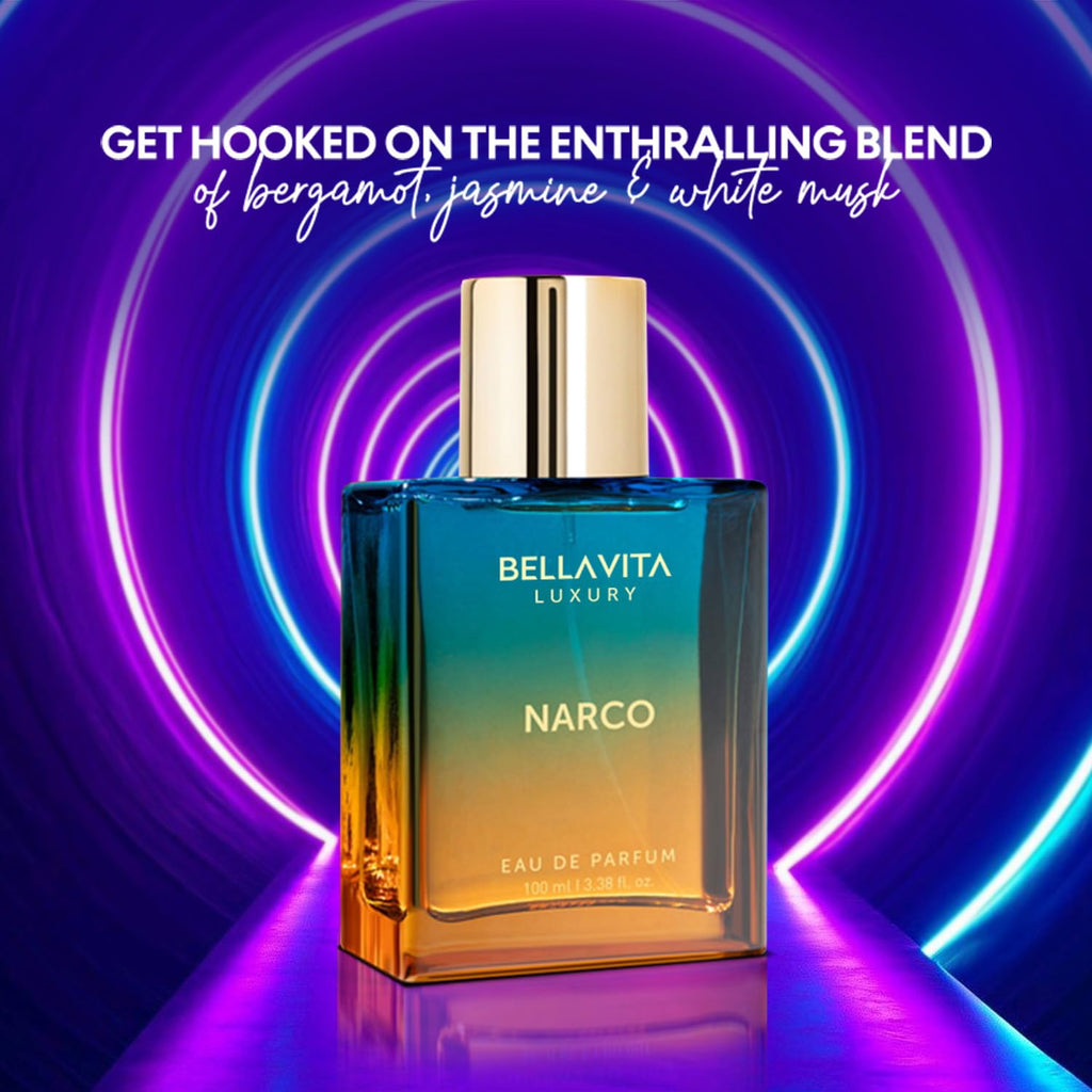 Bellavita Luxury Narco Eau de Parfum | 100 ml (3.4 fl.oz.) | Perfume for Men and Women | Floral, Bergamot, Jasmine, and White Musk Notes | Long Lasting Unisex Fragrance