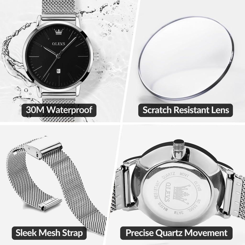 OLEVS Women's Mesh Bracelet Watch, Elegant Large Face Three Hand Analog Quartz Womens Wristwatch, Pretty Slim Date Display Waterproof Ladies Watches for Small Wrists