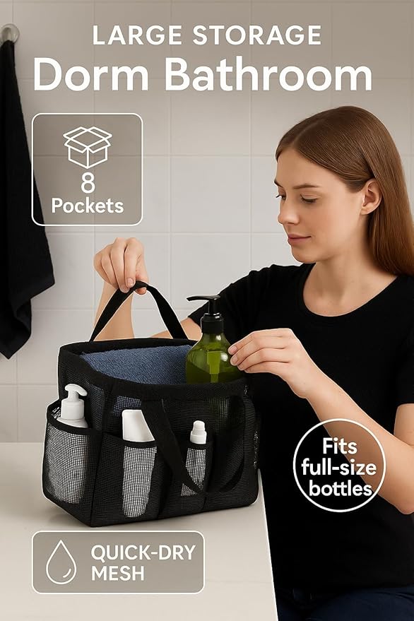 F-color Mesh Shower Caddy Portable, Upgrade Deeper 7 Pockets Shower Bag Basket Tote for College Dorm Room Toiletry Bathroom Essentials Gym Camp Quick Dry 2 handles with S Hook, Black