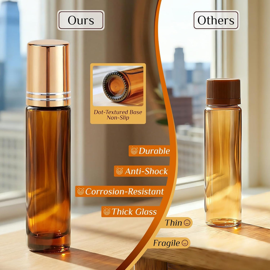 PrettyCare 4 Pack Amber Glass Oil Roller Bottles for Essential Oils 10ml, Roll On Bottles with Stainless Steel Roller Ball Leak-Proof Perfume Travel Refillable Bottle Empty, Beauty & Personal Care
