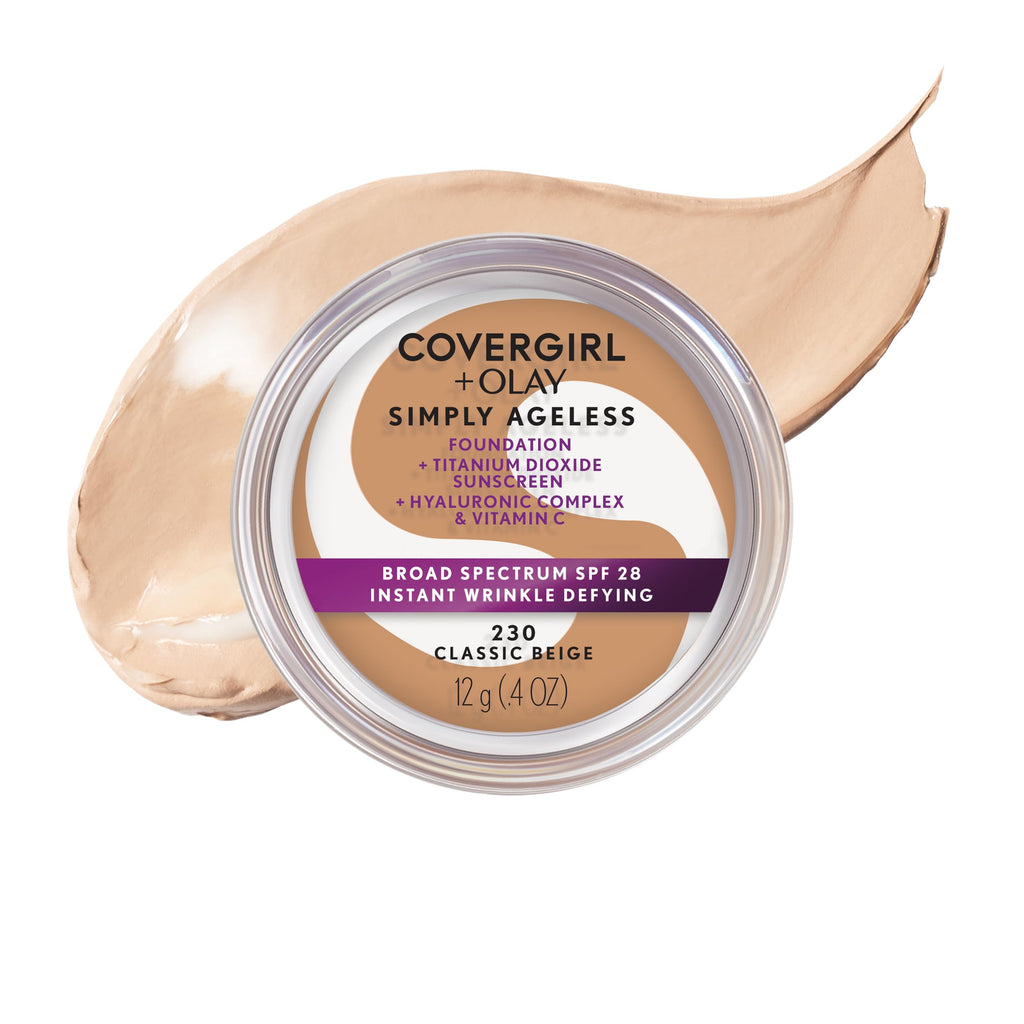 COVERGIRL Simply Ageless Instant Wrinkle Defying Foundation, SPF 28, Hyaluronic Complex & Vitamin C - 250 Creamy Beige, Pack of 1