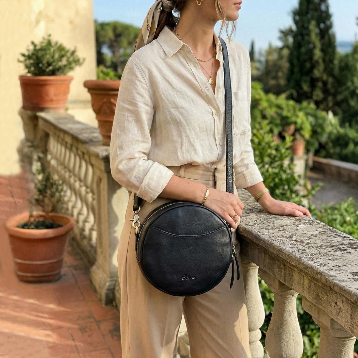 S-ZONE Leather Crossbody Bags for Women Circle Shoulder Round Purse Travel | Top Grain Leather, Keychain, Designer Handbag, Vintage, Multi Pockets, Detachable Strap, Eveyday Outing