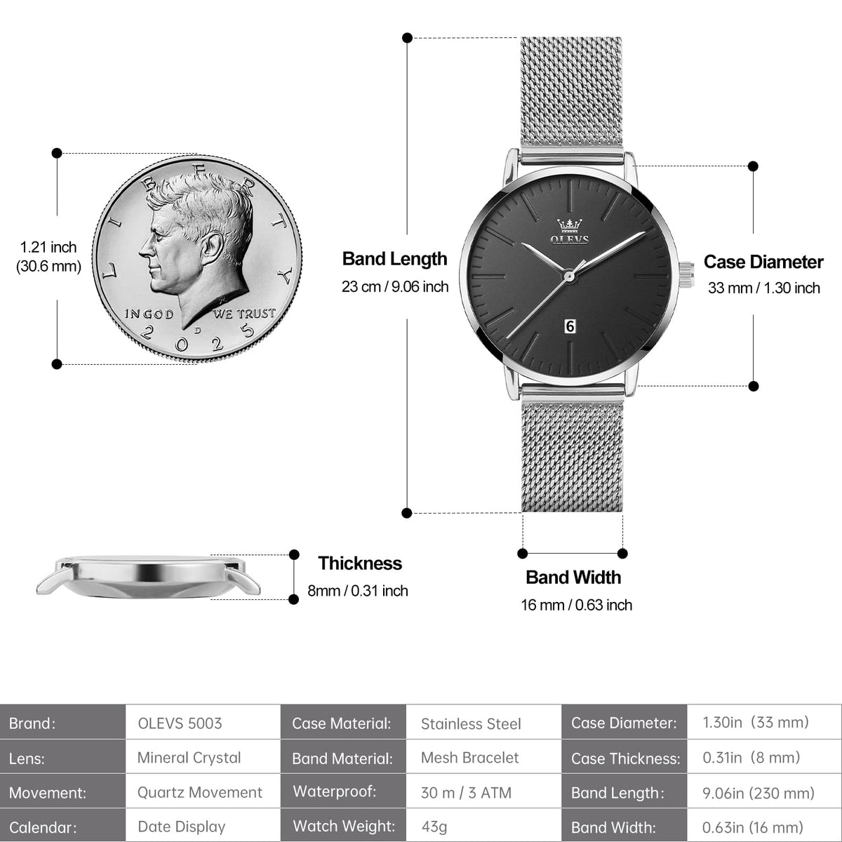 OLEVS Women's Mesh Bracelet Watch, Elegant Large Face Three Hand Analog Quartz Womens Wristwatch, Pretty Slim Date Display Waterproof Ladies Watches for Small Wrists