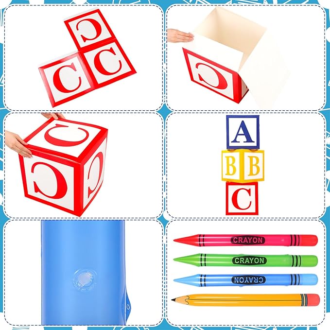 14 Pcs Giant Back to School Party Decorations ABC Alphabet Party Favor Box Large Inflatable Pencil Crayon for Celebration Back to School Birthday Decoration