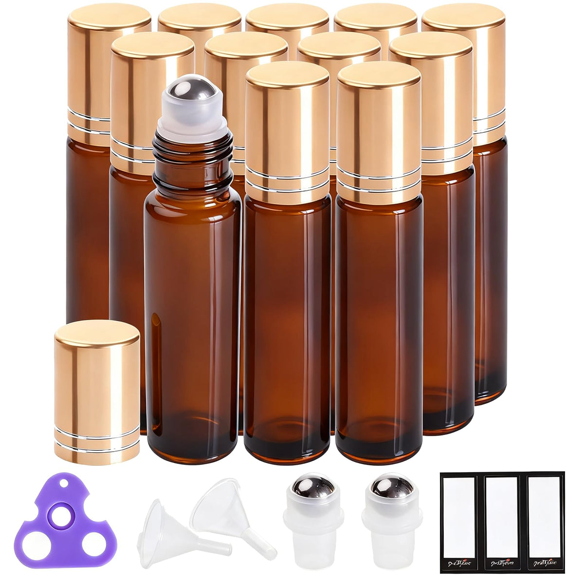 PrettyCare 4 Pack Amber Glass Oil Roller Bottles for Essential Oils 10ml, Roll On Bottles with Stainless Steel Roller Ball Leak-Proof Perfume Travel Refillable Bottle Empty, Beauty & Personal Care