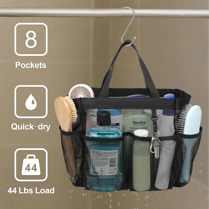 F-color Mesh Shower Caddy Portable, Upgrade Deeper 7 Pockets Shower Bag Basket Tote for College Dorm Room Toiletry Bathroom Essentials Gym Camp Quick Dry 2 handles with S Hook, Black