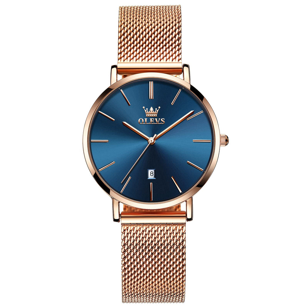 OLEVS Women's Mesh Bracelet Watch, Elegant Large Face Three Hand Analog Quartz Womens Wristwatch, Pretty Slim Date Display Waterproof Ladies Watches for Small Wrists