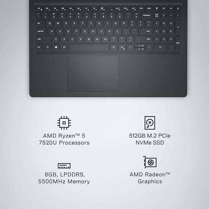 Dell Inspiron 15 3535 Laptop - 15.6-inch FHD (1920 x 1080) Display, AMD Ryzen 5 7520U Processor, 8GB DDR4 RAM, 512GB SSD, AMD Radeon Graphics, Windows 11 Home, 6-Months Migrate - Carbon Black