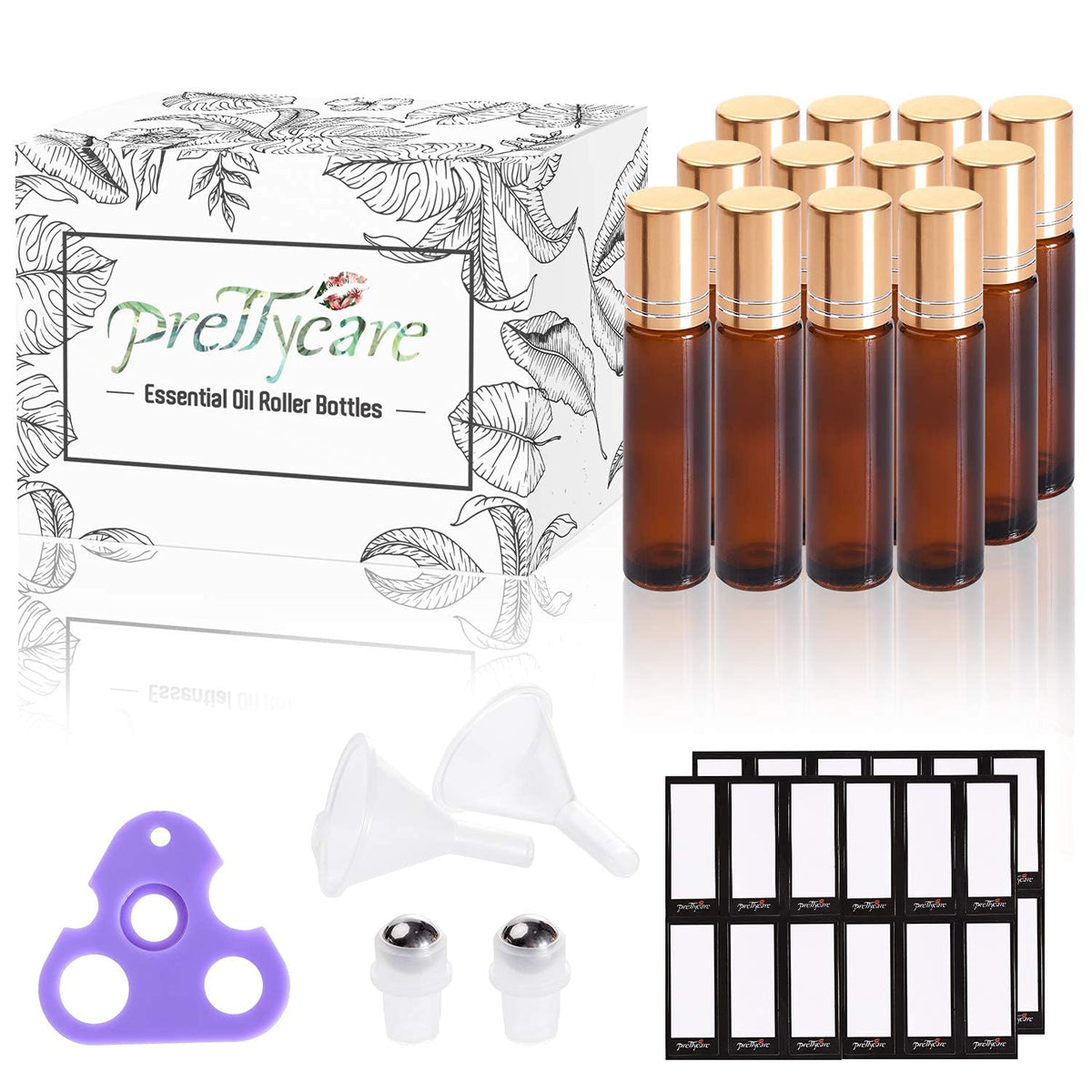 PrettyCare 4 Pack Amber Glass Oil Roller Bottles for Essential Oils 10ml, Roll On Bottles with Stainless Steel Roller Ball Leak-Proof Perfume Travel Refillable Bottle Empty, Beauty & Personal Care
